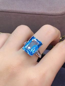 Designs & You - Silver Plated American Diamond Crushed Ice Cut Blue Rectangular Finger Ring