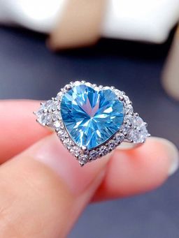 Designs & You - Silver Plated American Diamond Crushed Ice Cut Blue Heart Finger Ring