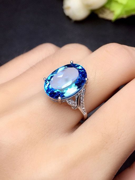 Designs & You Silver Plated American Diamond Crushed Ice Cut Blue Oval Finger Ring