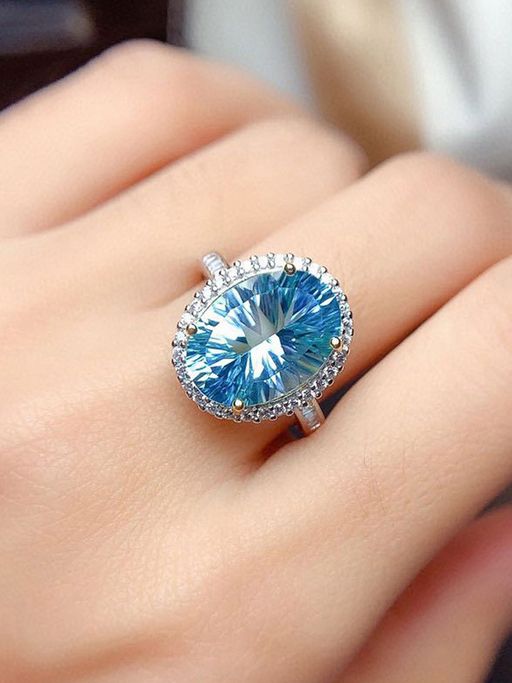 Designs & You Silver Plated American Diamond Crushed Ice Cut Blue Oval Finger Ring
