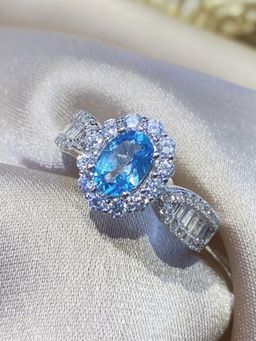 Designs & You - Silver Plated American Diamond Crushed Ice Cut Blue Oval Contemporary Finger Ring