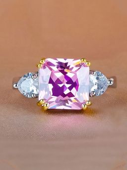 Designs & You - Silver Plated American Diamond Crushed Ice Cut Pink Geometric Finger Ring