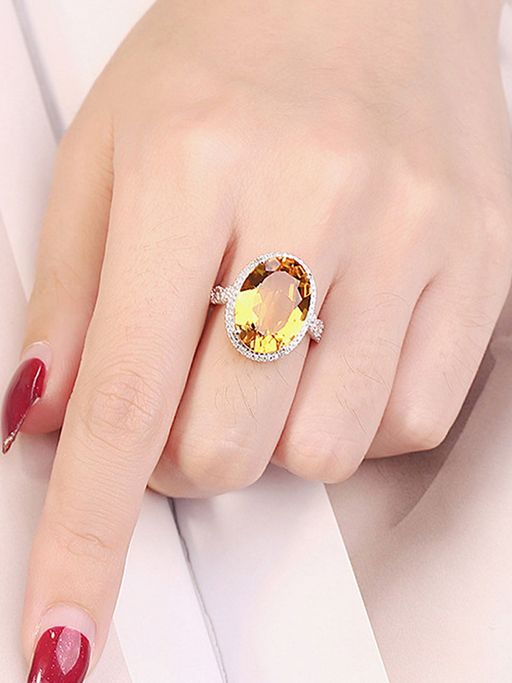 Designs & You Silver Plated American Diamond Crushed Ice Cut Yellow Oval Finger Ring