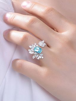Designs & You - Silver Plated American Diamond Crushed Ice Cut Blue Contemporary Finger Ring