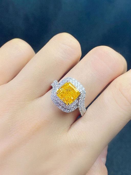 Designs & You Silver Plated American Diamond Crushed Ice Cut Square Shape Yellow Finger Ring