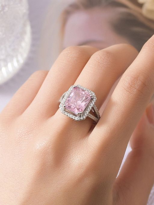 Designs & You Silver Plated American Diamond Crushed Ice Cut Rectangular Pink Finger Ring