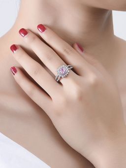 Designs & You - Silver Plated American Diamond Crushed Ice Cut Pink Contemporary Finger Ring