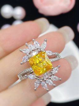 Designs & You - Silver Plated American Diamond Crushed Ice Cut Yellow Contemporary Finger Ring