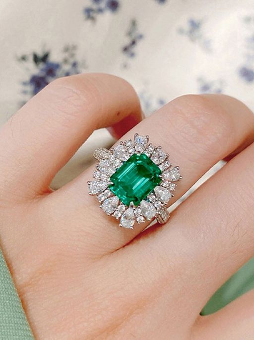 Designs & You Silver Plated American Diamond Crushed Ice Cut Green Rectangular Finger Ring