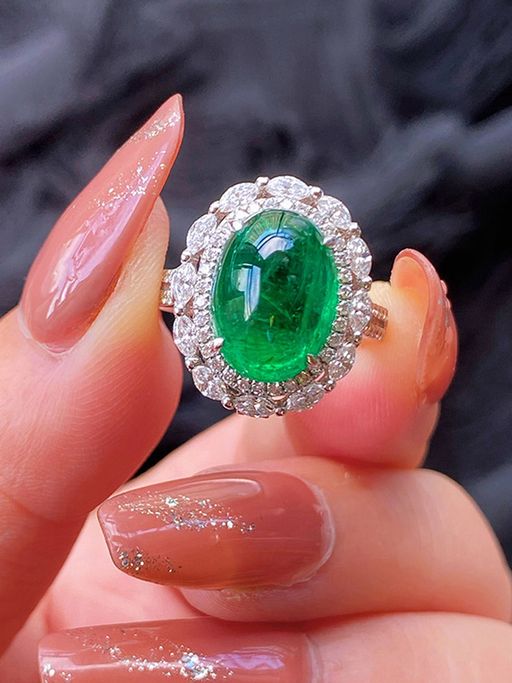 Designs & You Silver Plated American Diamond Crushed Ice Cut Green Oval Shape Finger Ring