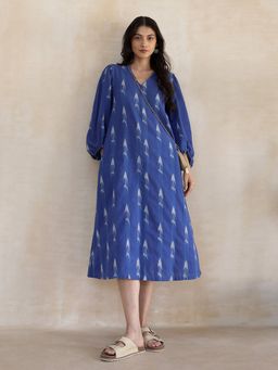 Pink Fort - Blue Cotton Ikat A-Line Dress