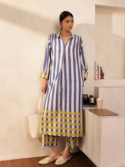Pink Fort - Blue and Yellow Cotton Stripe Play Shirt Collar Kurta with Palazzo (Set of 2)
