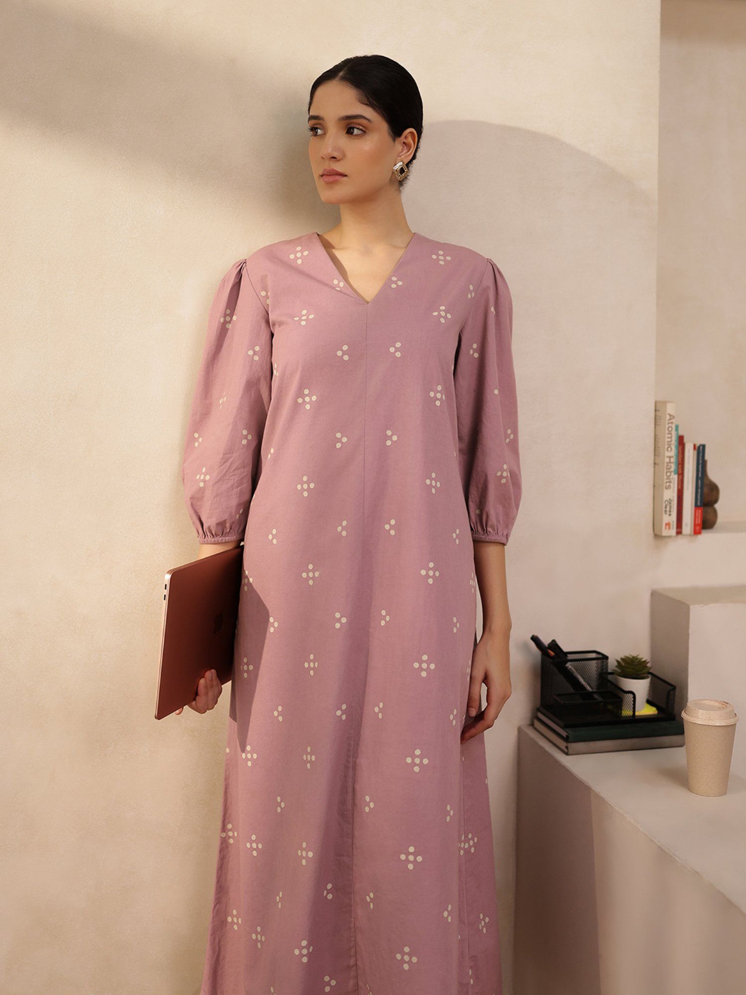 pink fort Mauve Cotton Tribal Print A-Line Dress-picture-15