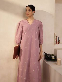 Pink Fort - Mauve Cotton Tribal Print A-Line Dress