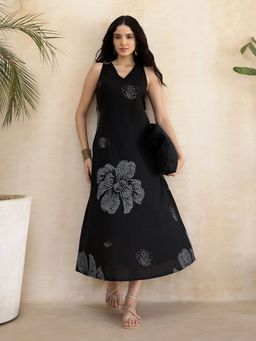 Pink Fort - Black Cotton Bandhani Print A-Line Dress
