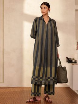 Pink Fort - Pure Cotton A-Line Black Striped Kurta with Pant