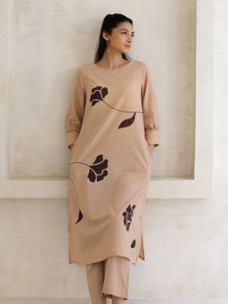 Pink Fort - Pure Cotton A-Line Beige Round Neck Floral Kurta with Pant