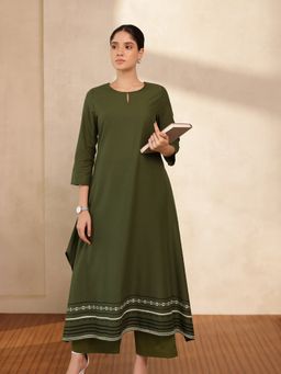 Pink Fort - Pure Cotton A-Line Green Round Neck Kurta with Pant