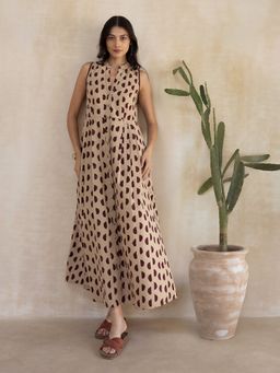 Pink Fort - Cotton Beige A-Line Mandarin Neck Geometric Maxi Dress