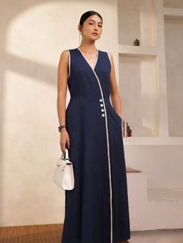 Pink Fort - Linen Blend Navy Blue A-Line V-Neck Solid Maxi Dress