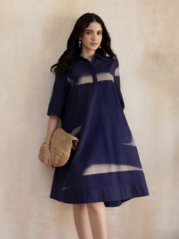 Pink Fort - Cotton Navy Blue A-Line Collar Neck Printed Knee Length Dress
