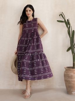 Pink Fort - Cotton Purple Relaxed Round Neck Geometric Midi Dress