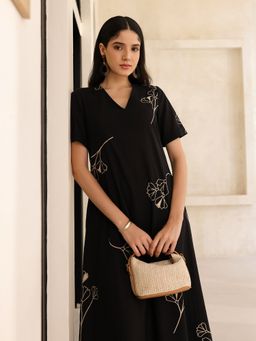 Pink Fort - Cotton Black A-Line V-Neck Floral Midi Dress