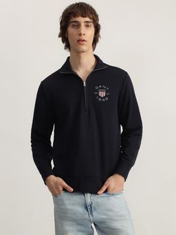 GANT - Men Navy Blue Solid Spread Collar Full Sleeves Sweatshirt
