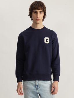 GANT - Men Navy Blue Solid Round Neck Full Sleeves Sweatshirt