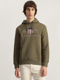 GANT - Men Olive Embroidered Hooded Full Sleeves Hoodie
