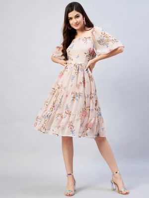 Beige Color Casual One Piece Dress Knee Length for Women main image 0