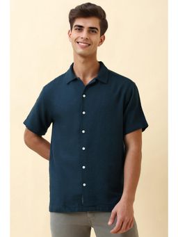 Allen Solly - Men Navy Blue Relaxed Fit Textured Half Sleeves Casual Shirt