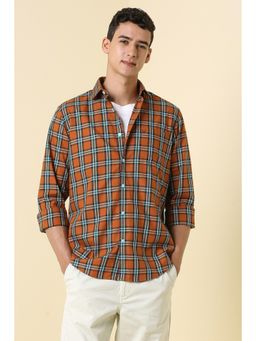 Allen Solly - Men Orange Slim Fit Checks Full Sleeves Casual Shirt