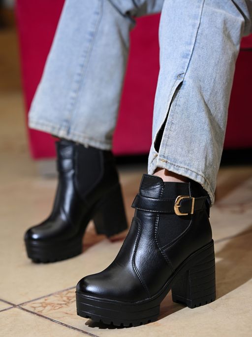Buy Shoetopia Black Platform Heeled Boots with Buckles for Girls