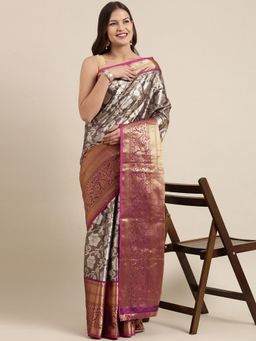 Vastranand - Brown Floral Zari Tissue Kanjeevaram Saree with Unstitched Blouse