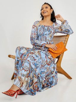 Styli - Blue Long Sleeves Paisley Print A-line Maxi Dress With Ruffle Detail