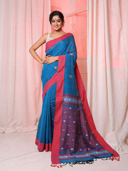 CHARUKRITI - Cobalt Blue Cotton Handwoven Saree with Paisley Motifs with Unstitched Blouse