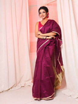 CHARUKRITI - Purple Cotton Blend Handwoven Soft Saree with Contrast Beige Pallu with Unstitched Blouse