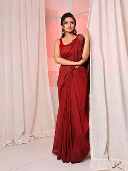 CHARUKRITI - Maroon Cotton Handspun Handwoven Soft Saree with Gheecha Pallu with Unstitched Blouse