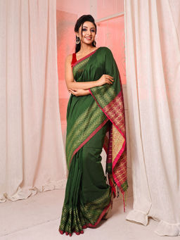 CHARUKRITI - Green Cotton Blend Handwoven Soft Saree with Stripe Pallu with Unstitched Blouse
