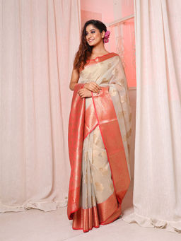 CHARUKRITI - Off White Organza Handwoven Saree with Floral Motifs with Unstitched Blouse
