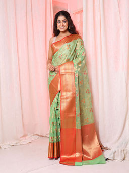 CHARUKRITI - Mint Green Organza Handwoven Saree with Floral Design with Unstitched Blouse