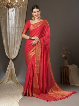 Akhilam - Womens Georgette Pink Woven Designer Saree with Unstitched Blouse