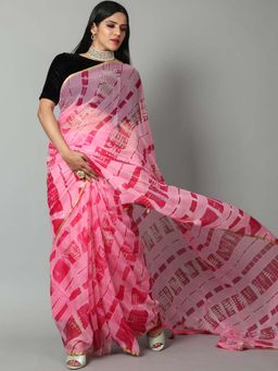KISHORI - Womens Lehariya with Zari Border Chiffon Saree with Blouse Piece with Semi-Stitched