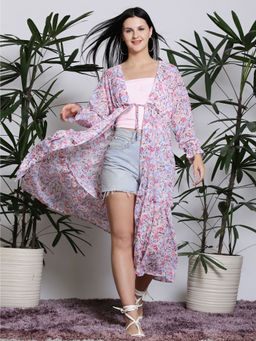 Sera - White Floral Print Tie-Up Longline Shrug