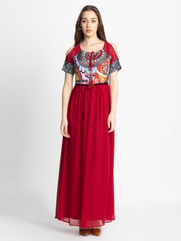 SHAYE - Tie-up Neck Maroon And Black Floral Short Sleeves Party Dress For Women