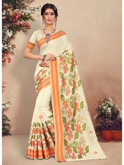 Sangam Prints - Cream Thread Work Traditional Saree with Unstitched Blouse