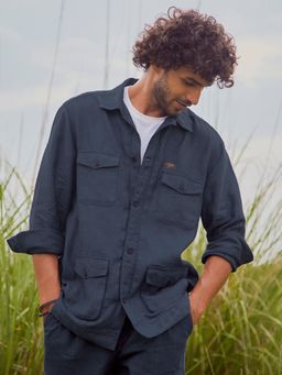 Andamen - Regular Fit Navy Blue Linen Overshirt