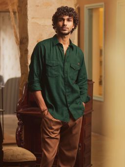 Andamen - Slim Fit Fall Green Linen Shirt