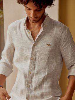 Andamen - Regular Fit Taupe Off White Basket Linen Shirt